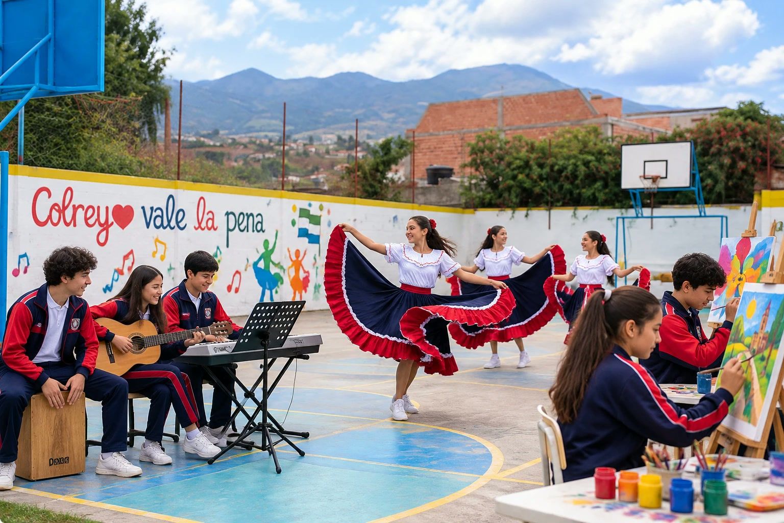 Estudiantes de COLREY tocando música, bailando danza folclórica y pintando en la cancha del colegio