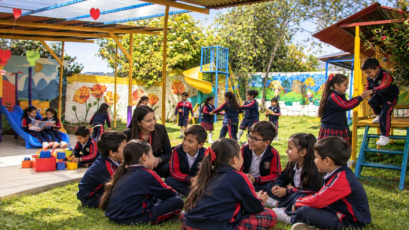 Niños de COLREY conversando en círculo con su profesora en la zona verde del colegio