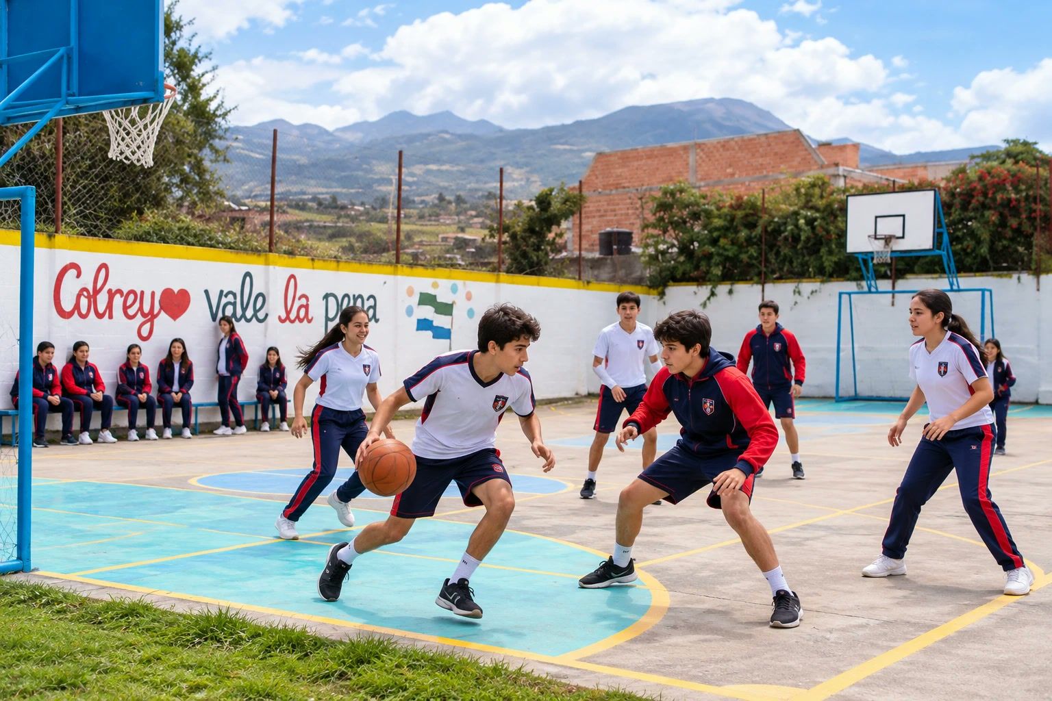 Estudiantes de COLREY jugando baloncesto en la cancha del colegio