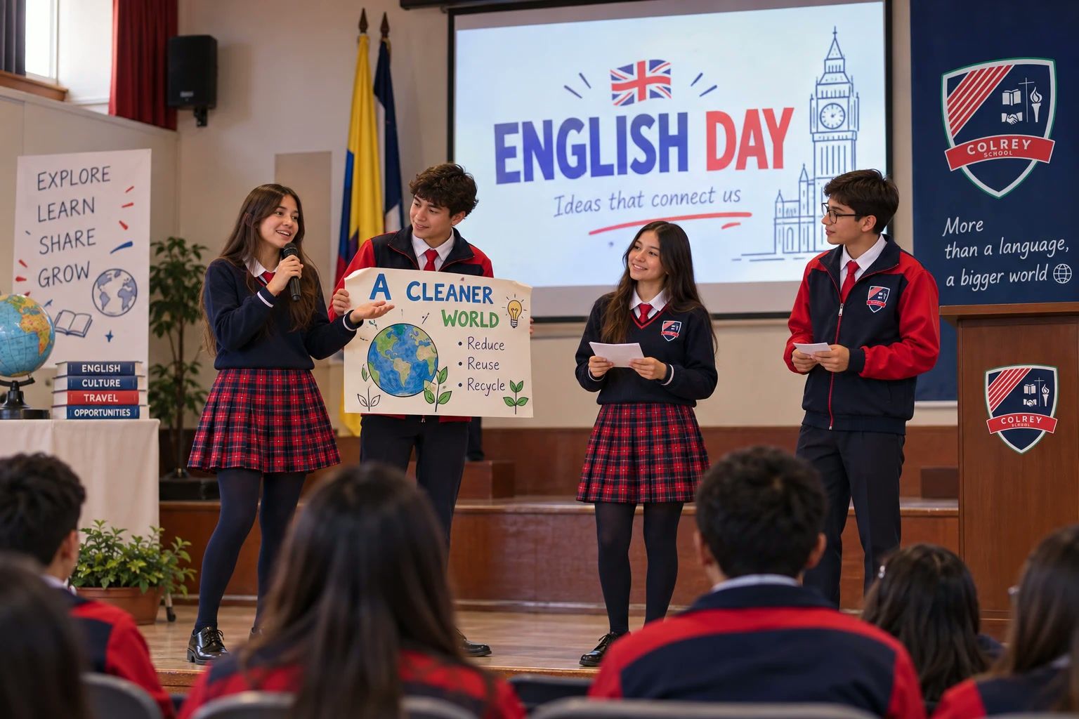 Estudiantes de COLREY presentando un proyecto en inglés en el escenario del English Day
