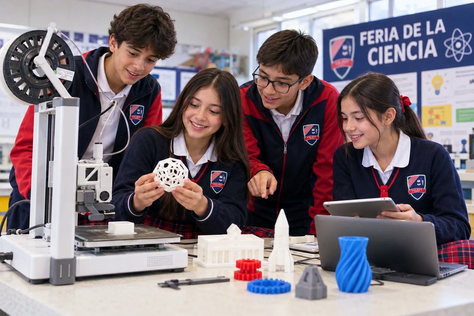 Estudiantes de bachillerato con piezas hechas en impresora 3D en la Feria de la Ciencia
