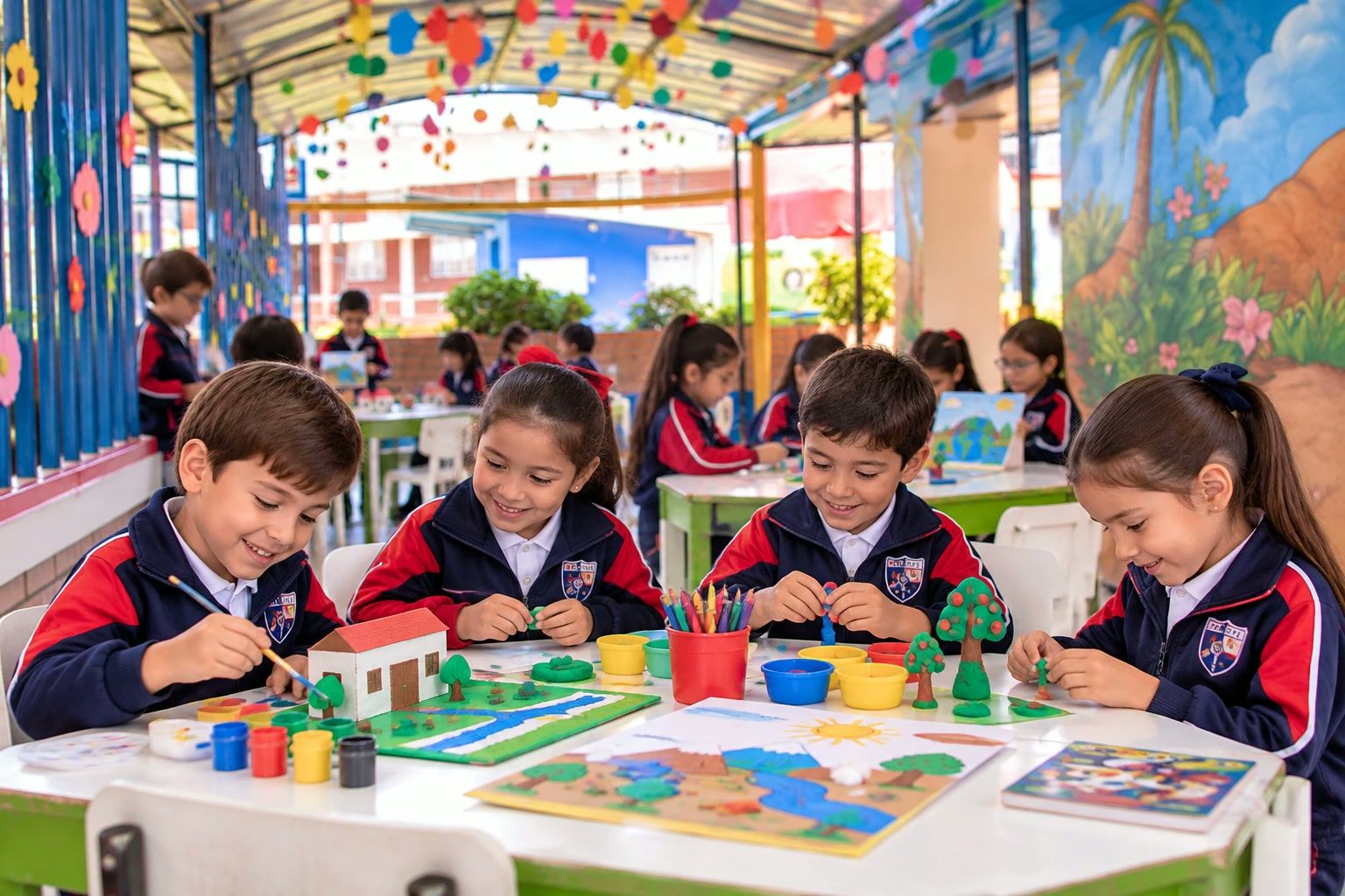 Niños de primaria de COLREY construyendo una maqueta con plastilina y pintura