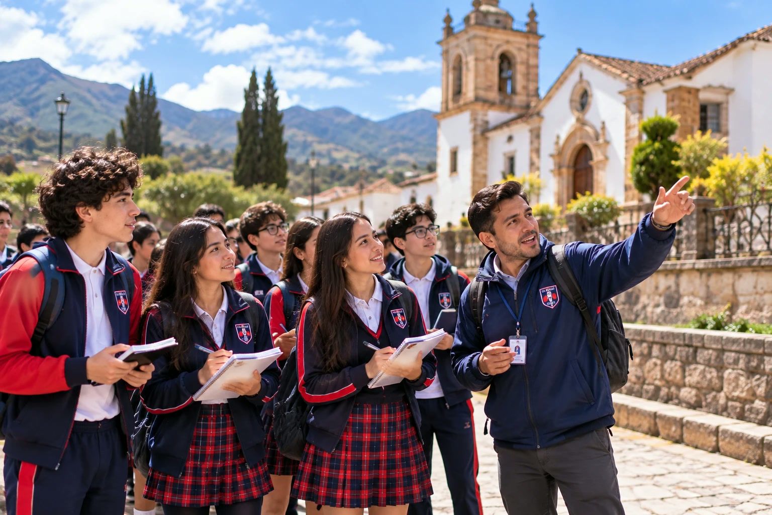 Estudiantes de COLREY con su profesor en una salida pedagógica frente a una iglesia colonial de Boyacá